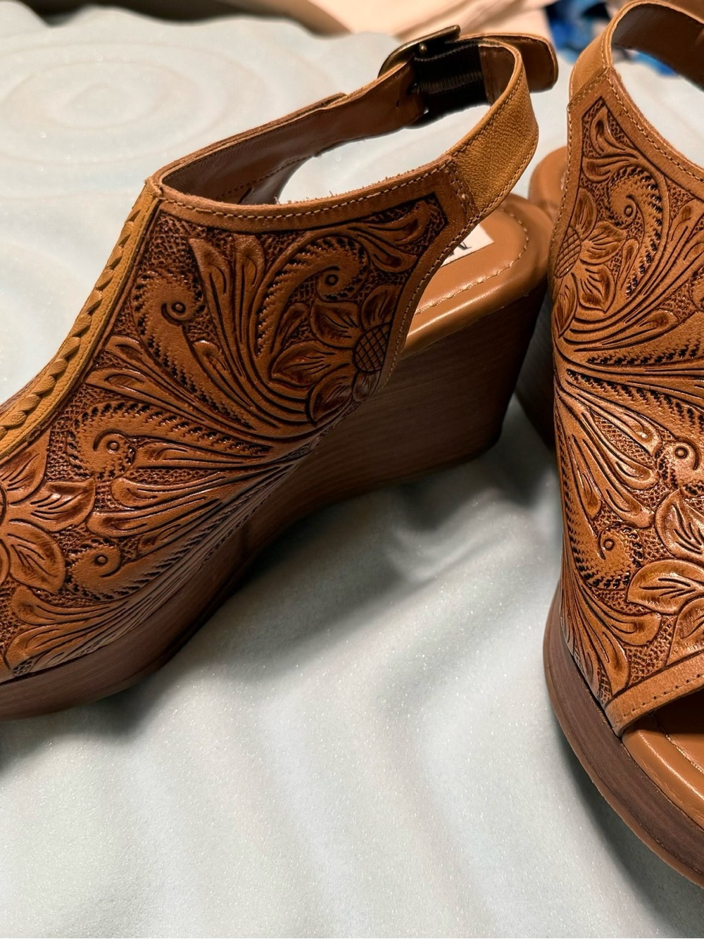 Myra Bag Caramel Tan Embossed Wedge Slingback Booties